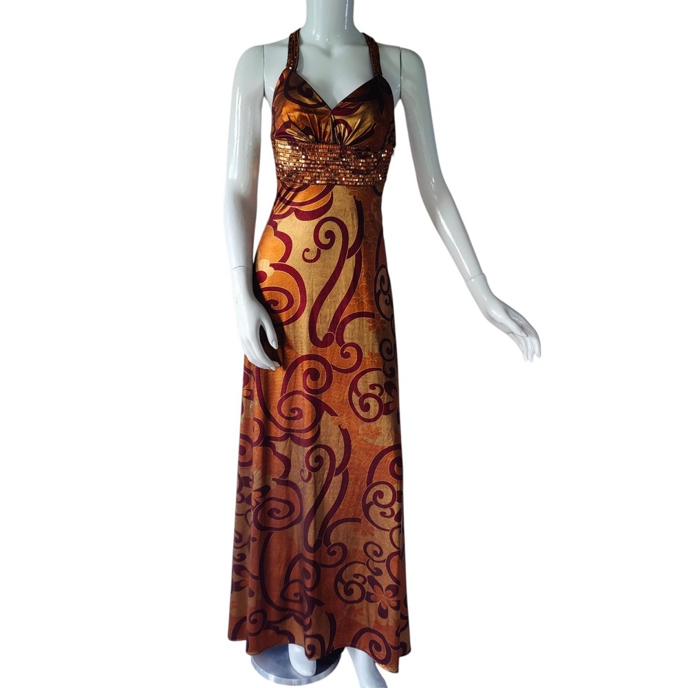 Vintage Dave & Johnny Y2K Maxi Halter Prom Dress Gold Sequin Metallic Glam 1/2